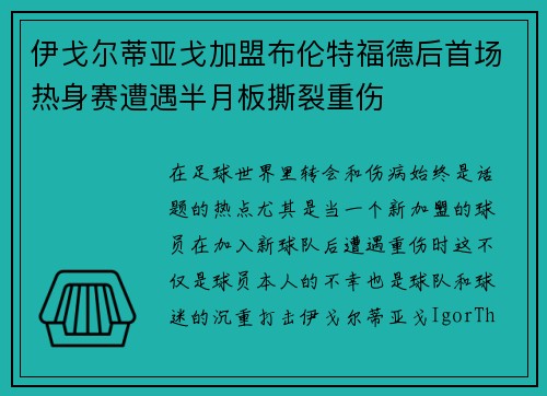 伊戈尔蒂亚戈加盟布伦特福德后首场热身赛遭遇半月板撕裂重伤 伊戈尔蒂亚戈加盟布伦特福德后首场热身赛遭遇半月板撕裂重伤
